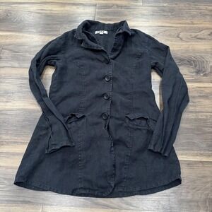 Flax Jacket Womens P Black Linen Button Front Longline Tunic Pockets Lightweight